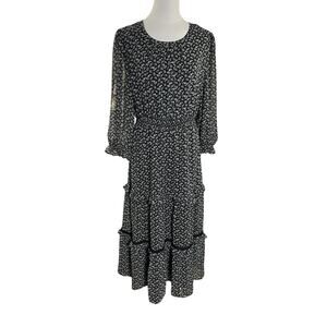Böhme Black Floral Maxi Dress L Sheer Sleeves, Tiered Skirt, Cottagecore Romance